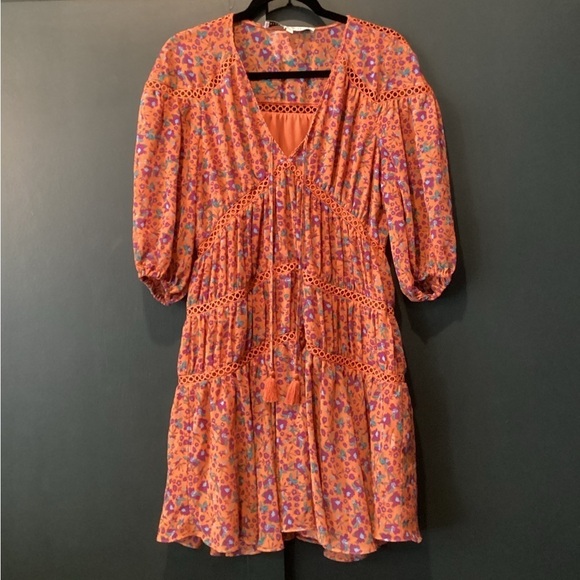 Rebecca Minkoff caden printed Floral long sleeve Tiered Ruffle Mini Dress Orange - Picture 3 of 12